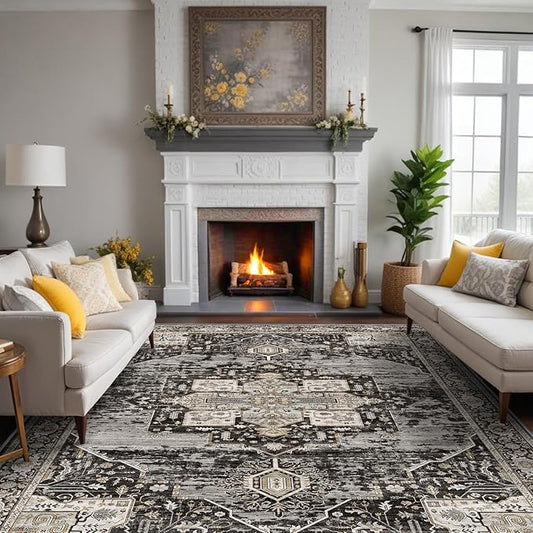 RUUGME Washable Area Rug 10x12 - Soft Area Rugs for Living Room Stain Resistant Carpet Vintage Lightweight Rugs for Bedroom with Non Slip Backing Indoor Ultra-Thin Rugs Home Decor 10x12 Black