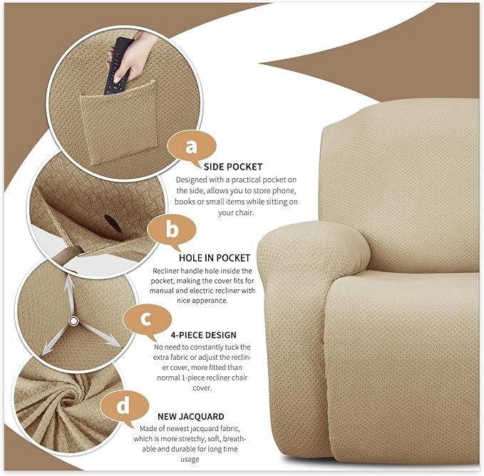 JIVINER 4-Piece Recliner Chair Covers Stretch Jacquard Covers for Reclining Chair Recliner Slipcovers for Living Room Soft Recliner Protector with Pocket (Recliner, Light Beige)