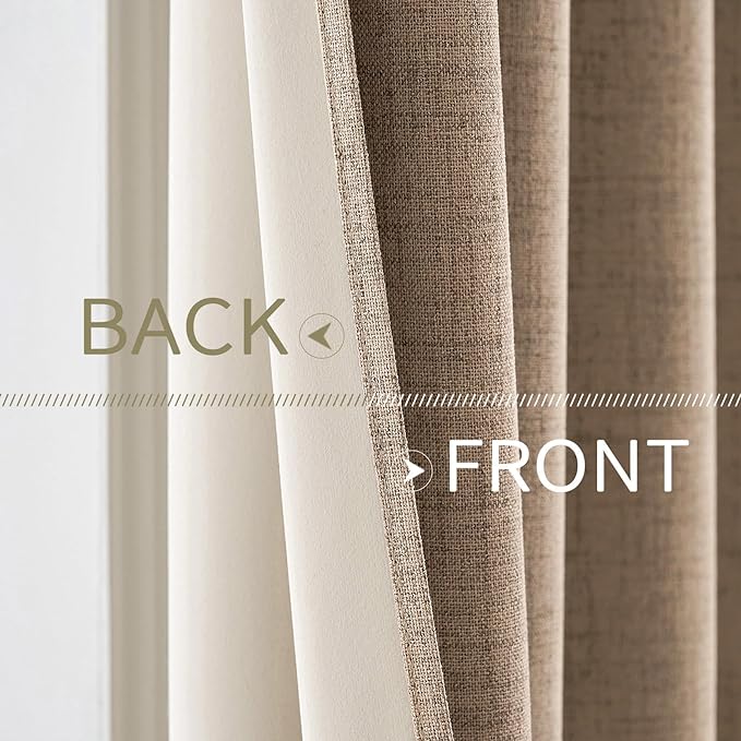 MIULEE 100% Blackout Linen Textured Curtains for Bedroom Solid Thermal Insulated Copper Brown Grommet Room Darkening Curtains & Drapes Luxury Decor for Living Room Nursery 52 x 84 Inch (2 Panels)
