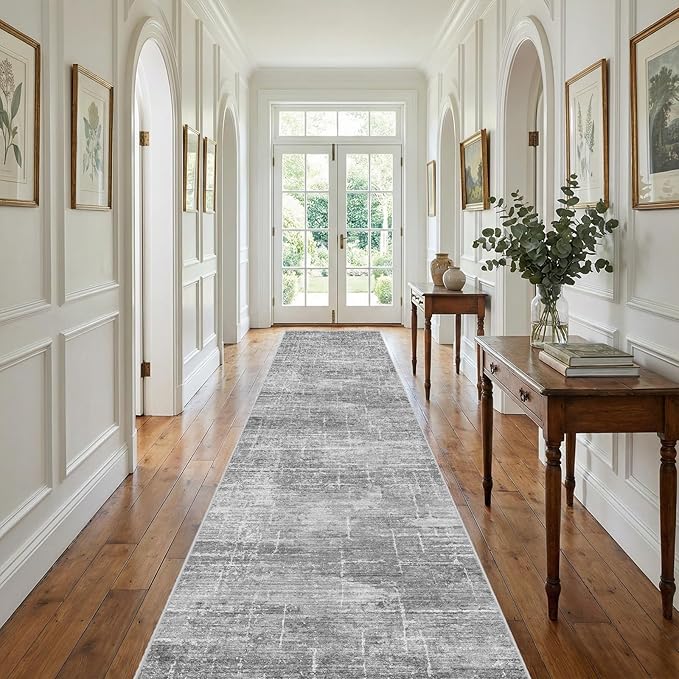 2x12 Washable Hallway Runner Rug - Modern Abstract Neutral Long Carpet with Non-Slip Backing Low-Pile Stain-Resistant Thin Runners for Kitchen Bathroom Bedroom Entryway (2x12, Gray)