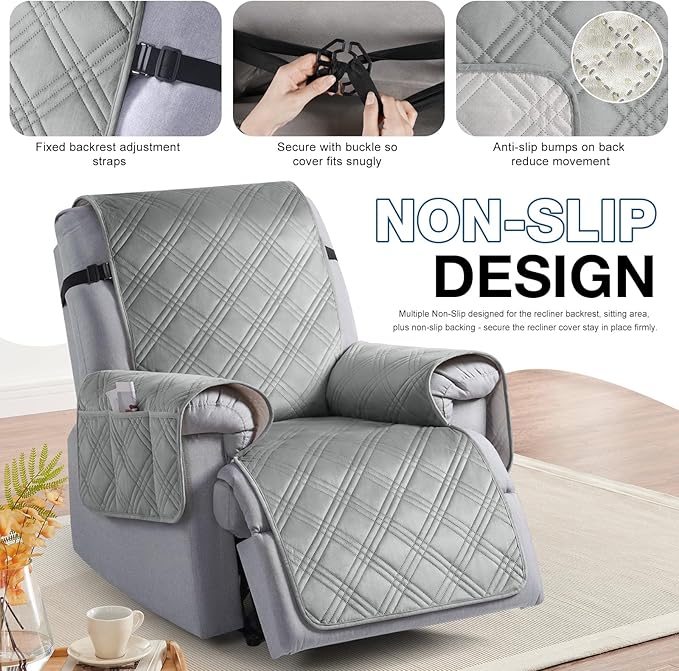 TAOCOCO 100% Waterproof Recliner Chair Cover, Recliner Covers for Recliner Chair with Pocket, Non Slip Reclining Chair Cover Furniture Protector for Kids, Pets(30'', Light Grey-Velvet)