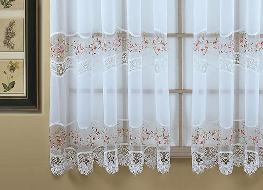 Today's Curtain, Vintage Macramé Organza Panel 63", White/Rose, 58" W x 63" L