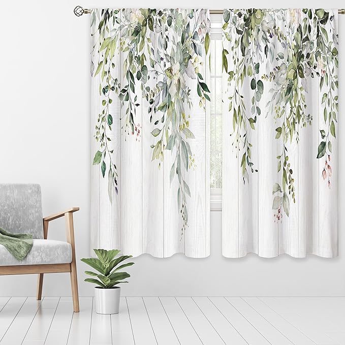 Farmhouse Sage Eucalyptus Botanical Leaves Floral Window Curtains Wooden Watercolor Wooden Flower Plant Wildflower Curtain Drapes Herb Curtains for Bedroom Living Room Treatment 42Wx63H Inch