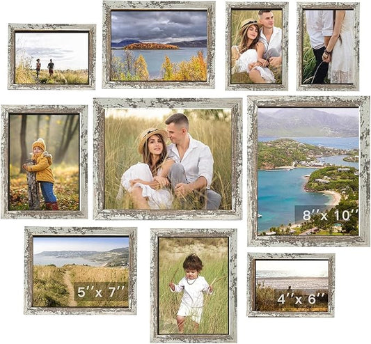 Picture Frames Collage Wall Decor, 10 PCS Picture Frames Including 8x10, 5x7, 4x6, Gallery Wall Frame Set for Wall Mounting or Tabletop Display, Family Photo Frames, Rustic White