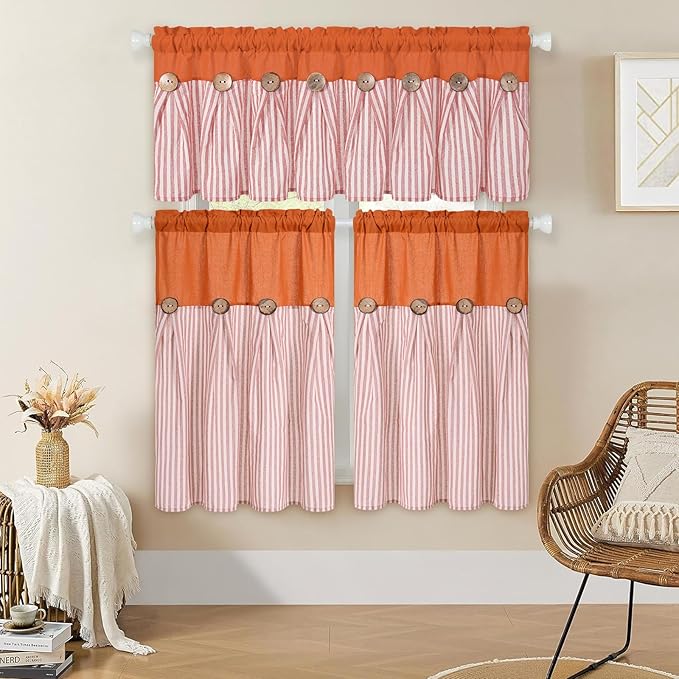 ASPMIZ Farmhouse Cotton Linen Valances for Windows, Boho Kitchen Curtains Valances with Rustic Button, Orange Striped Window Treatments Curtain Valance for Bathroom Cafe, 52 x 18 Inch, 1 Pannel