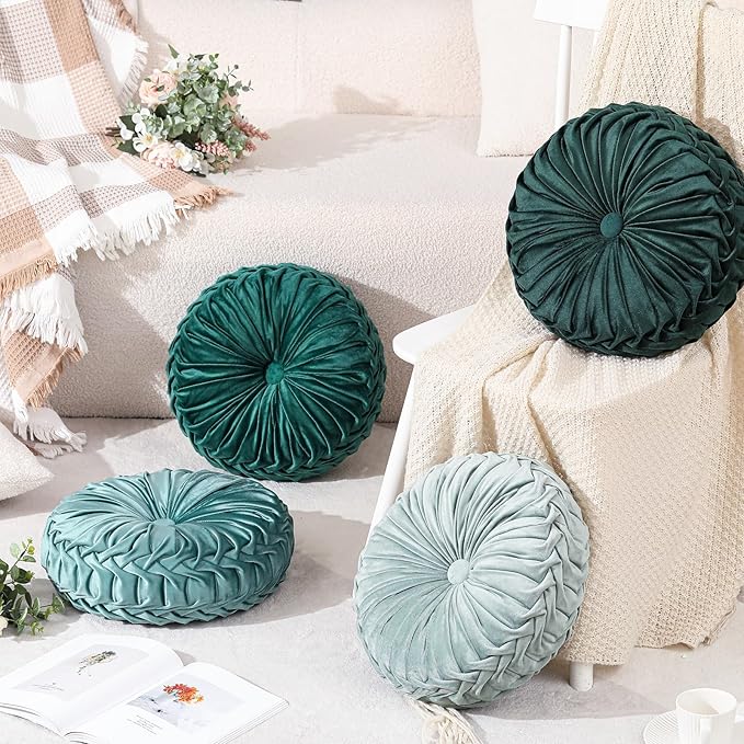 Drydiet 4 Pcs Round Throw Velvet Pillows Decorative Pleated Throw Pillows 15'' Diameter Accent Pumpkin Boho Chair Cushion for Couch Sofa Home Decoration (Sage Green)