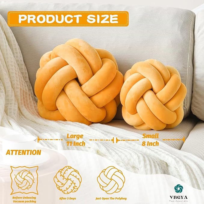 Knot Pillow Ball, Soft Home Decorative Throw Pillows Cushion, Round Changeability Knotted Pillows, Modern Home Handmade Cushions for Bedroom, Sofa, Couch (8 Inch, Dark Yellow)