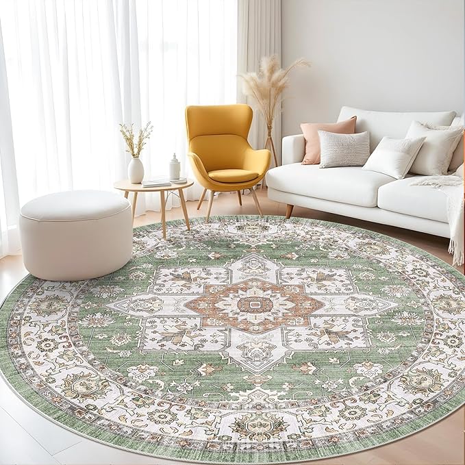 RUUGME Washable 6round Area Rugs - Large Boho Rugs for Living Room Stain Resistant Carpet Vintage Tribal Rugs for Bedroom Kitchen with Non Slip Backing Home Decor Floor Decoration Mat 6ft Sage