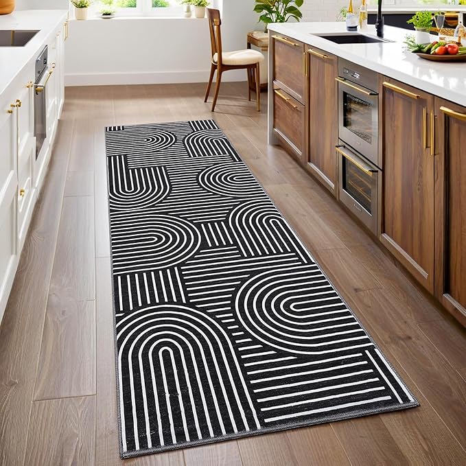 ROYHOME Modern Rug 2x6 Runners for Hallways, Abstract Kitchen Runner Rugs Non Slip Bath Runner, Rainbow Washable Runner Rug for Bedroom, Soft Long Rugs for Entryway Bathroom Laundry Dorm, Black