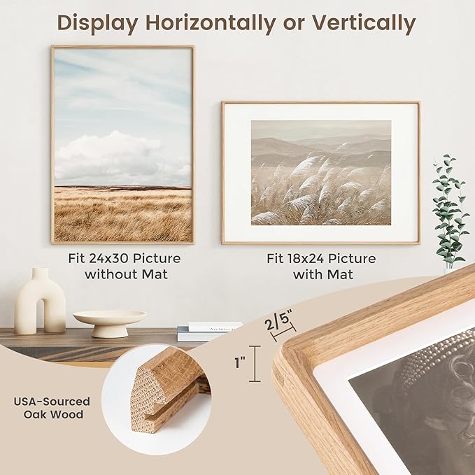 24x30 Poster Frame, USA-Sourced Oak Wood Picture Frame with HD Tempered Glass, Handcrafted Rounded Corner 24 x 30 Wooden Frames Matted to 18x24 Photos, Horizontal or Vertical Wall Display