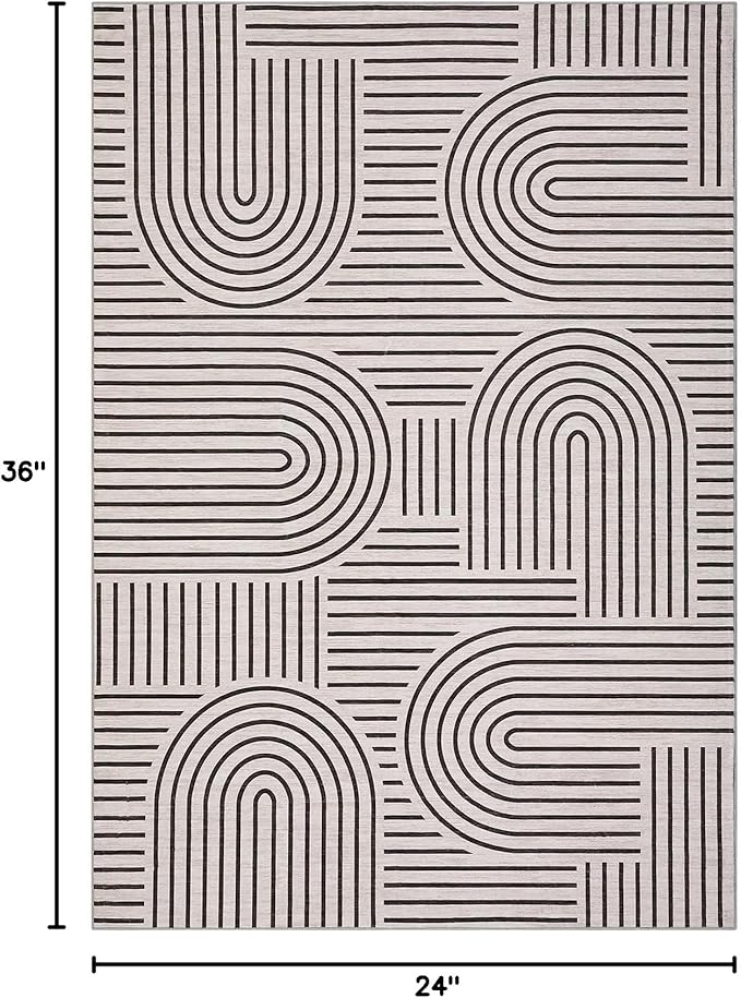 Washable Rug 2x3 Area Rugs for Entryway, Abstract Rug for Bedroom, Soft Rainbow Non Slip Small Area Rug with Rubber Back, Low Pile Stain Resistant Boho Geometric Carpet for Dining Room, LightCamel