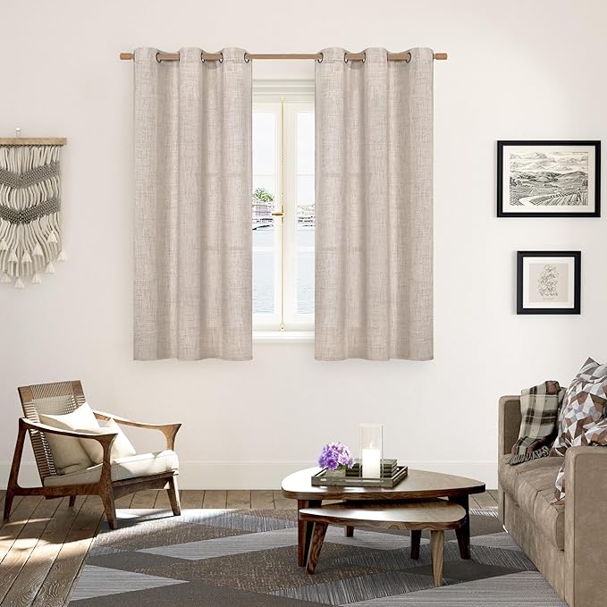 YoungsTex Natural Linen Curtains 48 Inches Length for Living Room Windows, Short Semi Sheer Drapes Light Filtering with Bronze Grommet for Bedroom, 2 Panels, 42 X 48 Inch