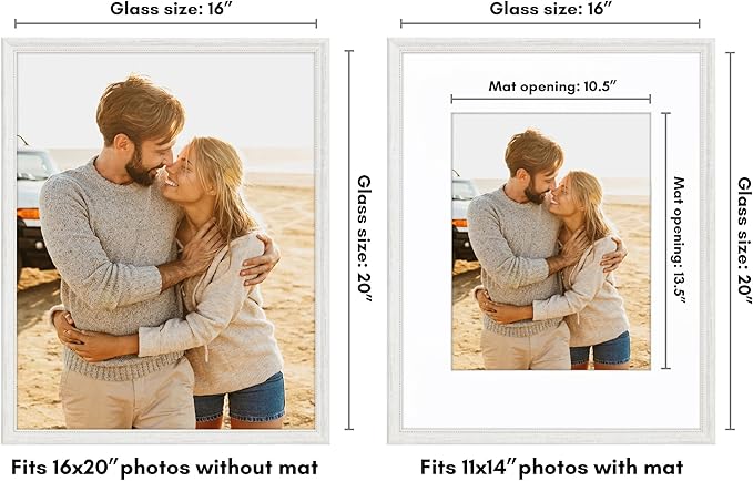 Americanflat Vintage Frames - 16x20 Picture Frame with Beaded Accents and Polished Plexiglass - Use as 11x14 Frame or Display 16x20 Photos Without Mat - Heirloom Collection - Wall Display - White