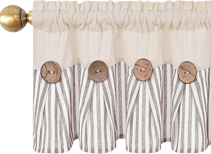ASPMIZ Farmhouse Valances for Windows, Boho Kitchen Valances Curtains with Rustic Buttons, Brown Striped Window Valance for Living Room, Cotton Linen Valance for Bathroom, 60 x 14 Inches