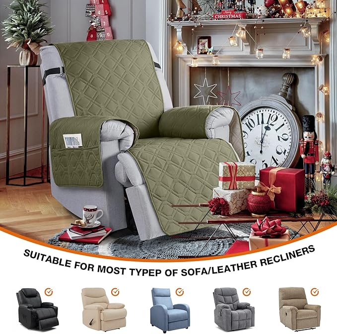 VANSOFY 100% Waterproof Recliner Chair Covers, Recliner Cover Non-Slip Dog Chair Cover Furniture Protector Washable Slipcover with Pocket, Elastic Straps for Pets, Dogs(Olive Green, 30")