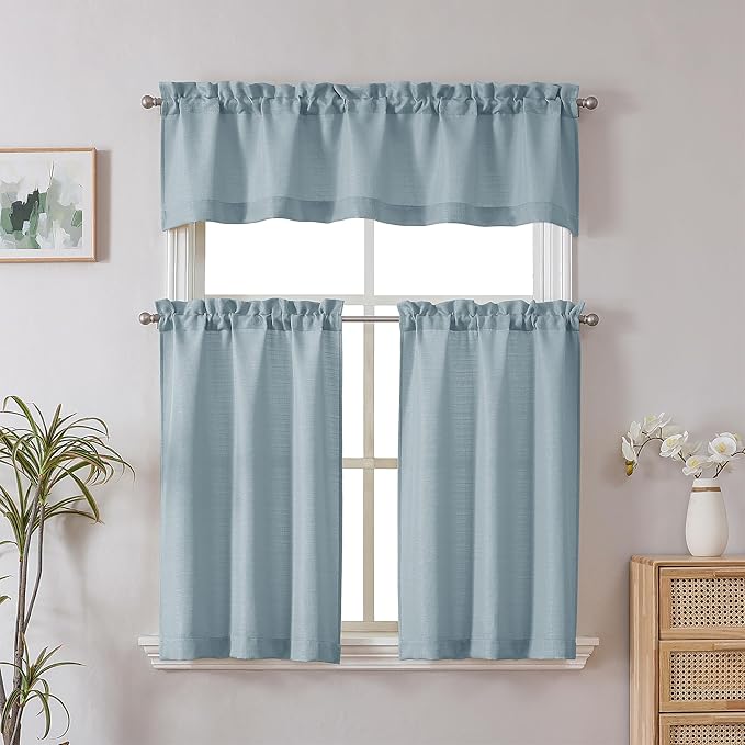 Chyhomenyc Curtains 30 Inch Length, Faux Linen Textured Small Cafe Curtains, Light Filtering Short Curtain for Bathroom Window, 30x30 Inch, 2PCS, Aqua with Greenish Tone
