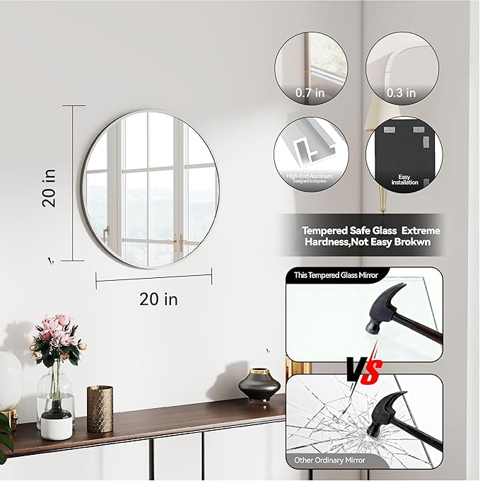 SCWF-GZ 20" Round Mirror Circle Wall Mounted Hanging or Against Wall Metal Frame Dressing Make-up Mirrors for Entryway Bedroom Bathroom Living Room 20 inch Silver