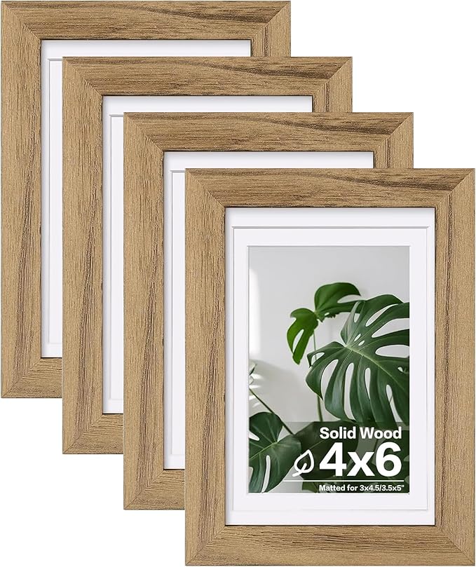 Egofine 4x6 Picture Frames with Plexiglass, Display Pictures 3x4.5 and 3.5x5 with Mat or 4x6 Without Mat Set of 4 for Tabletop and Wall Mounting, Carbonized Brown