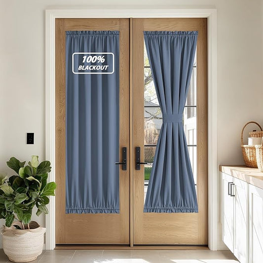 NICETOWN 100% Blackout Door Curtain for French Front Door with Adjustable Tieback, Thermal Insulated Privacy Room Darkening Window Covering for Kitchen, W30 x L72, 1 Panel, Stone Blue