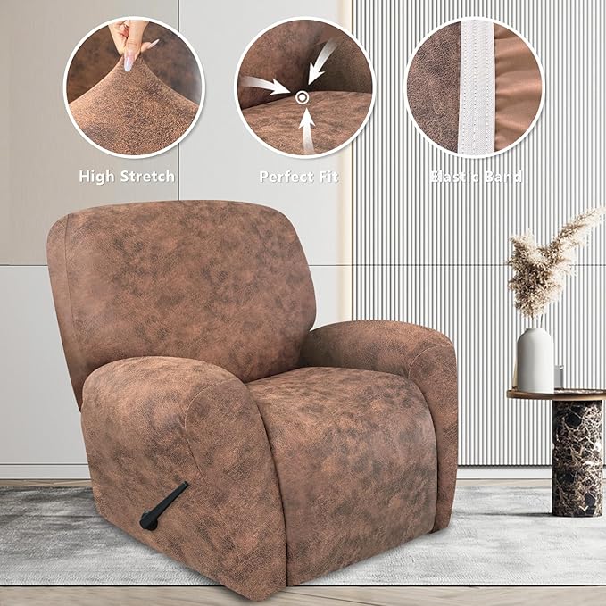 ANARACHON Recliner Chair Covers Leather Look, 4 Pieces Recliner Covers Non Slip, Soft Slipcovers for Large Recliners, Furniture Protector Washable for Pets (1 Seater, 03 Light Brown)