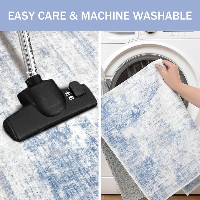 IOHOUZE Abstract Runner Rug 3x18 Ft Washable Runners for Hallways, Non Slip Kitchen Runner Printed Faux Wool Entryway Runner Indoor, Modern Abstract Floor Carpet for Hall Stair, Light Blue Grey