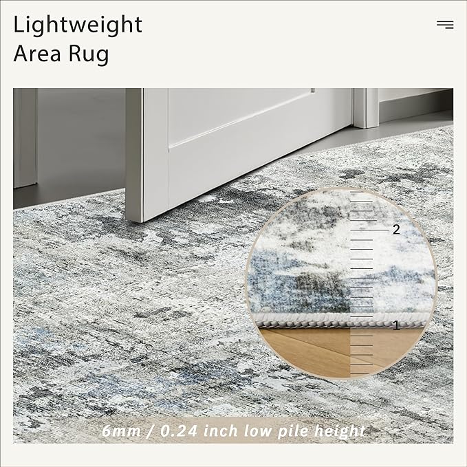 Soalmost 6x9 Abstract Area Rugs for Living Room 6 x 9 Washable Non Slip Low Pile Gray Rugs for Bedroom Dining Room Foldable Thin Gray Blue