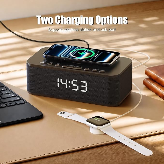 Alarm Clocks for Bedrooms, Wireless Charger, Bluetooth Speaker, White Noise Machine, Digital Clock with Dual Alarm, Dimmable Display, USB Charging Port, Black - Image 3