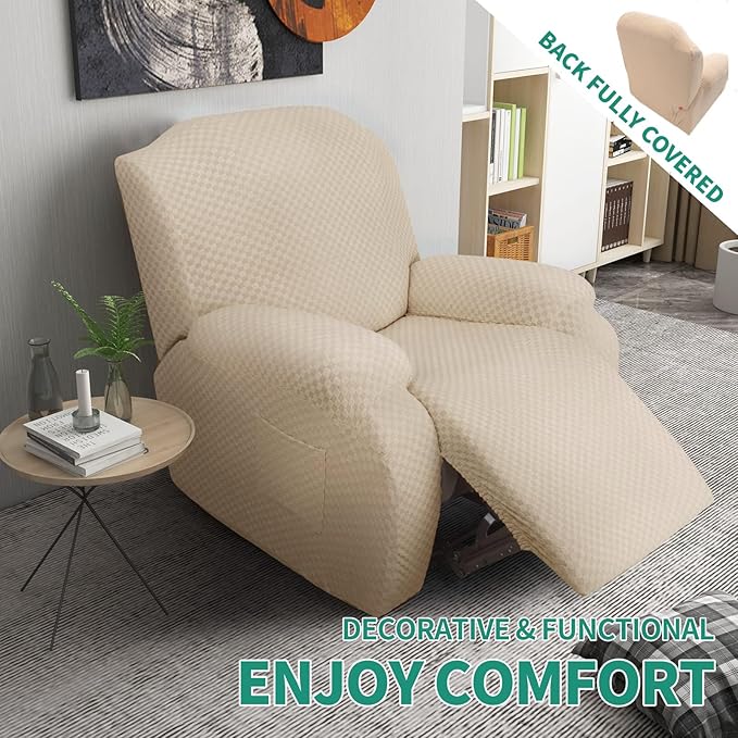 YEMYHOM 4 Pieces Stretch Recliner Slipcover Latest Jacquard Recliner Chair Cover with Side Pocket Anti-Slip Fitted Recliner Cover Couch Furniture Protector with Elastic Bottom (Recliner, Beige)