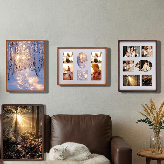 12x16 Collage Picture Frame Walnut Wood, Multiple 6 Photos or 12x16 without Mat, Rustic Photo Frame with Tempered Glass Hanging Displaying Horizontally or Vertically