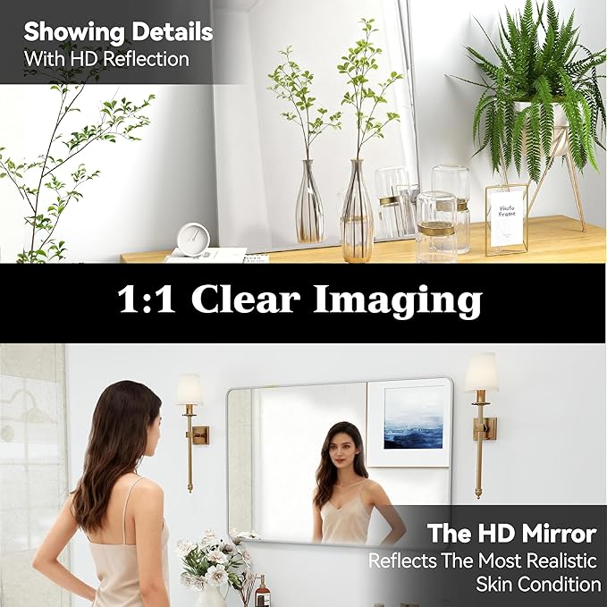 SCWF-GZ 24x36 Mirror Vanity Bathroom Wall Mounted Aluminum Alloy Metal Frame Dressing Round Rectangle Mirrors for Entryway Bedroom Living Room Horizontally or Vertically 36x24 inch Silver