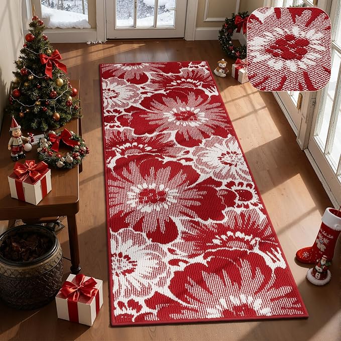 Findosom Christmas Runner Rug 2x6, Non Slip High-Low Textured Floral Washable Runner Rug with Rubber Backing, Boho Carpet Runners for Hallway, Kitchen, Entryway, Bedroom, Laundry & Holiday Decor, Red