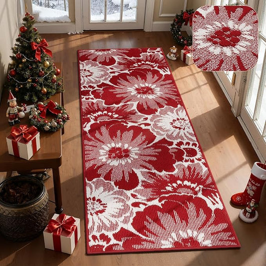 Findosom Christmas Runner Rug 2x6, Non Slip High-Low Textured Floral Washable Runner Rug with Rubber Backing, Boho Carpet Runners for Hallway, Kitchen, Entryway, Bedroom, Laundry & Holiday Decor, Red