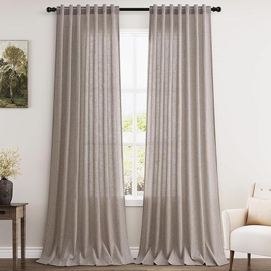Nanspring Brownish Grey Linen Curtains for Living Room 98 Inches Long Back Tab Light Filtering Semi Sheer Curtain Modern Farmhouse Decor for Bedroom Office Luxury Textured Drapes 52x98, 2 Panels