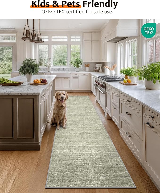 Art&Tuft Non-Slip Runner Rug - 2x10 Runner Rug Washable Low-Pile Rugs Runners, Soft Distressed Carpet Runner for Bedroom Bathroom Kitchen Laundry Living Room, Green