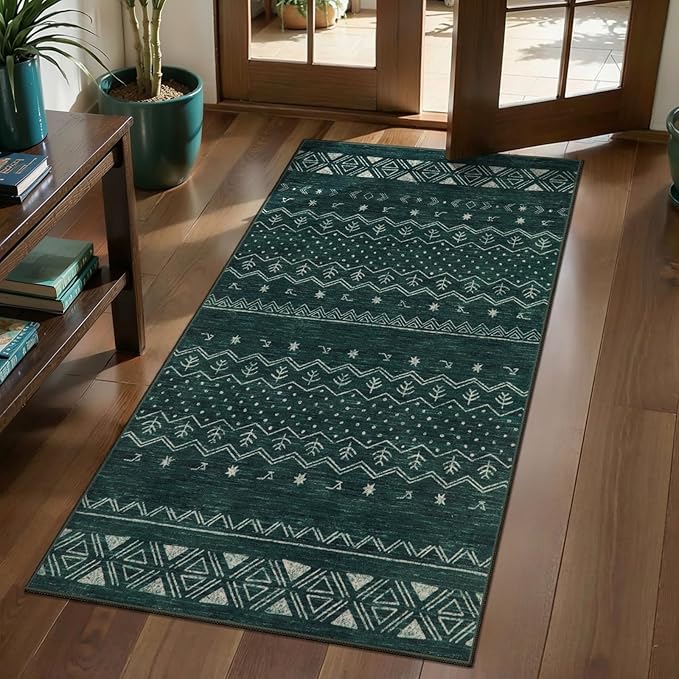 SERISSA 2x4 Rugs for Entryway, Washable Non-Slip Kitchen Runner Rug Small Dark Green Rug, Soft Low-Pile Boho Geometric Door Mat Indoor Entrance Front Door Carpet for Bedroom Bathroom