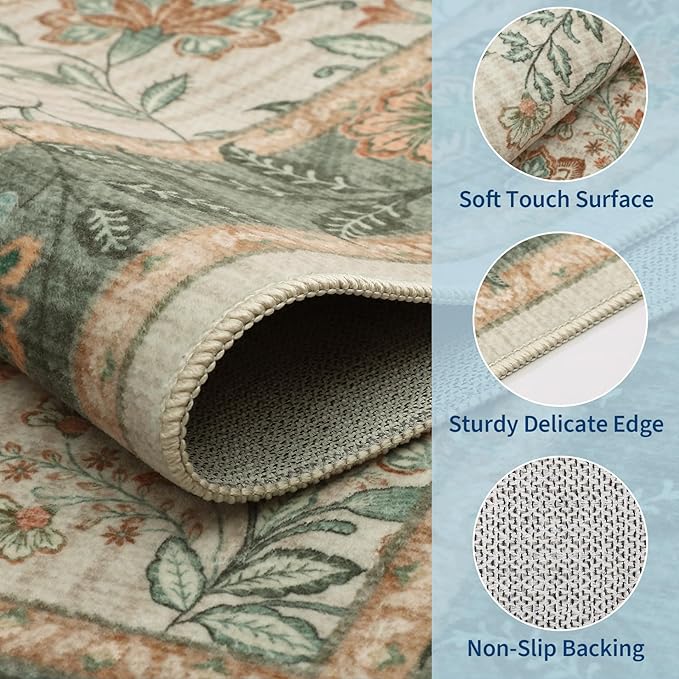 GarveeHome 2x6 Washable Runner Rug for Bedroom, Soft Botanical Floral Kitchen Runner with Non Slip Backing Sage Green Farmhouse Laundry Mat Stain Resistant Carpet for Hallway Bathroom Beside Rug