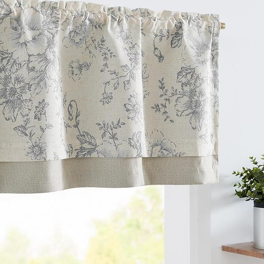 jinchan Linen Floral Valance Double Layer Kitchen Window Curtain Grey Flower on Beige Valance for Living Room Cafe Farmhouse Light Filtering Rustic Country Curtain 16 Inch Rod Pocket 1 Panel