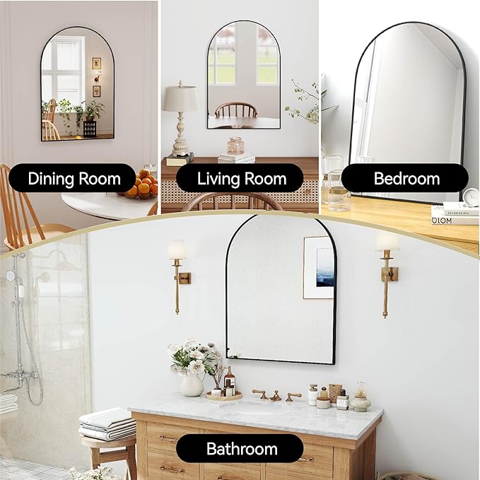 SCWF-GZ 36x24 Arch Mirror Rectangle Full Length Wall Mounted Hanging or Against Wall Metal Aluminium Alloy Frame Dressing Make-up Mirrors for Entryway Bedroom Bathroom Living Room 36 24 inch Black