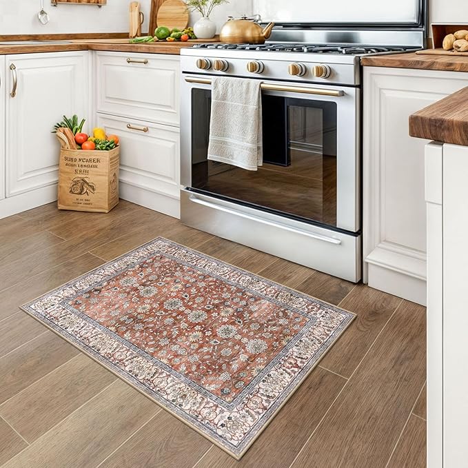 KUTA Vintage Floral Red Clay Entryway Rug 2x3, Kitchen Rugs Non-Slip Washable Throw Rug, Ultra Thin Soft Print Front Door Mat Indoor Doormat for Entrance, Bedside, or Small Spaces