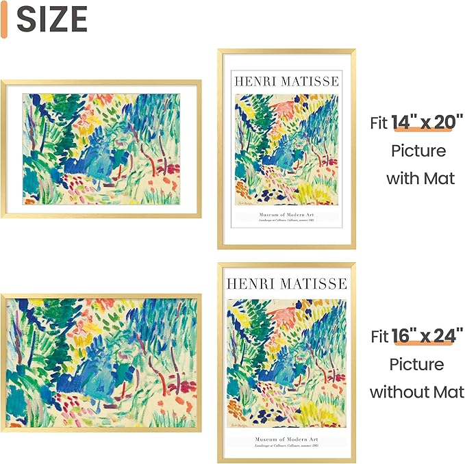 upsimples 16x24 Picture Frame, Display Pictures 14x20 with Mat or 16 x 24 Without, Wall Hanging Poster Frames, Gold, 1 Pack