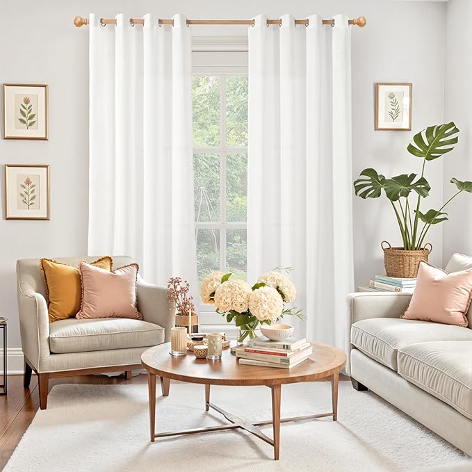 YoungsTex White Linen Semi Sheer Curtains 95 Inch Long 2 Panels for Living Room, Light Filtering Textured Drapes with Grommet for Bedroom Dining Room Floor Length, 2 Panels, 52 X 95 Inch
