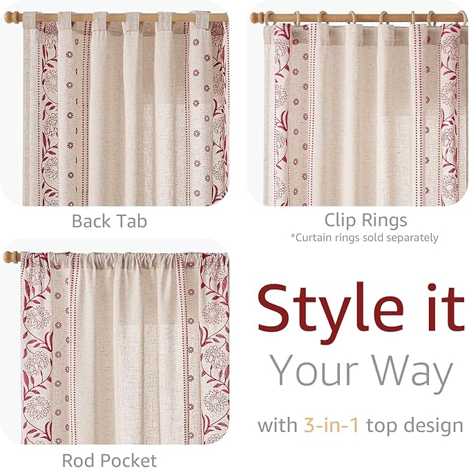 jinchan Winslow Linen Curtains for Bedroom 63 Inches Length Embroidered Bordered Floral Curtains for Living Room Farmhouse Decor Light Filtering Window Treatments Red on Beige Drapes 2 Panels