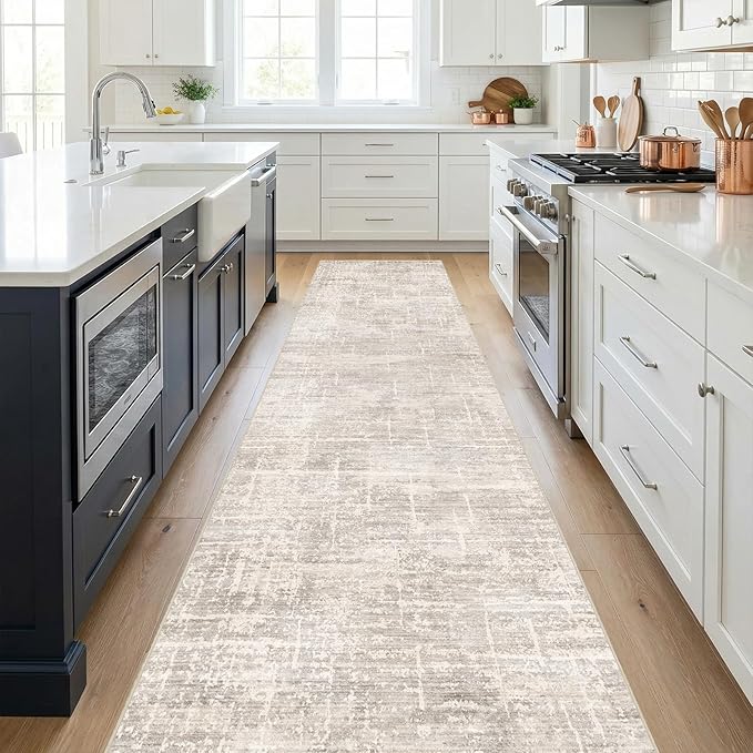 2x12 Washable Hallway Runner Rug - Modern Abstract Neutral Long Carpet with Non-Slip Backing Low-Pile Stain-Resistant Thin Runners for Kitchen Bathroom Bedroom Entryway (2x12, Beige)
