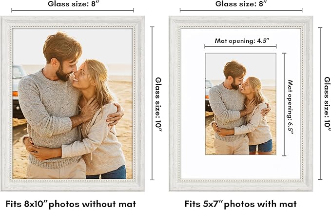 Americanflat Vintage Frames - 8x10 Picture Frame with Beaded Accents and Shatter-Resistant Glass - Use as 5x7 Frame or Display 8x10 Photos Without Mat - Heirloom Collection - Tabletop or Wall - White