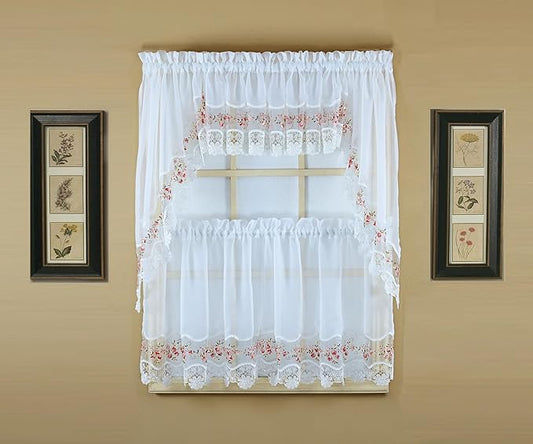 Today's Curtain, Vintage Macramé Organza Tier 30", White/Rose, 58" W x 30" L