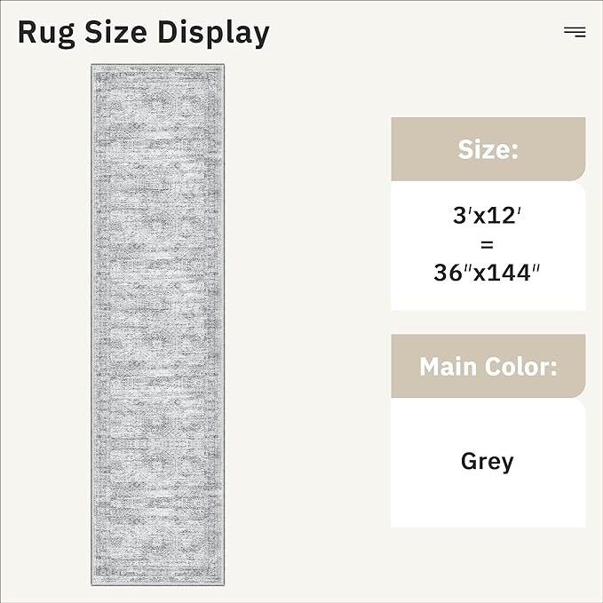 Soalmost Runner Rug 3x12 Washable Non-Slip Hallway Runner Rugs for Kitchen Bathroom Laundry Room Grey Vintage Floor Carpet Runners for Hallways Entryway