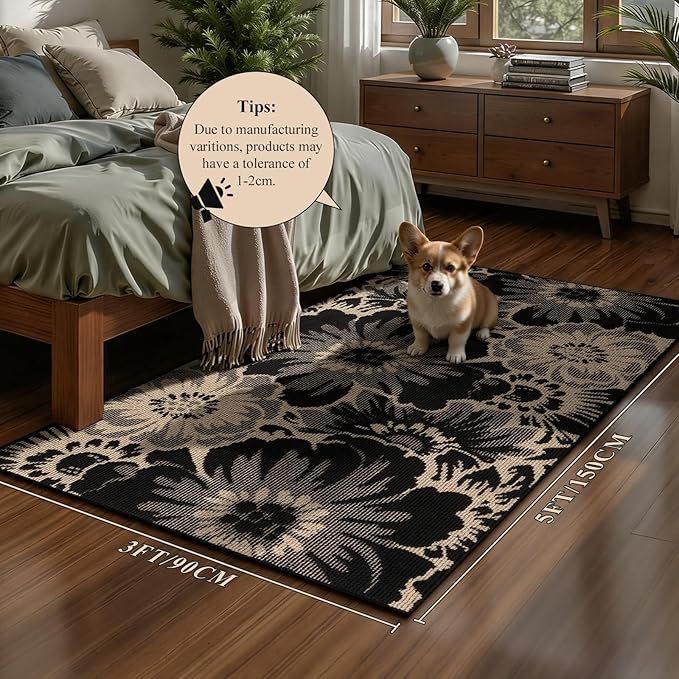 Findosom Washable Area Rug 3x5, Non Slip High-Low Textured Floral Rugs for Bedroom with Rubber Backing, Boho Carpet for Living Room, Kitchen, Entryway, Laundry, Black & Beige