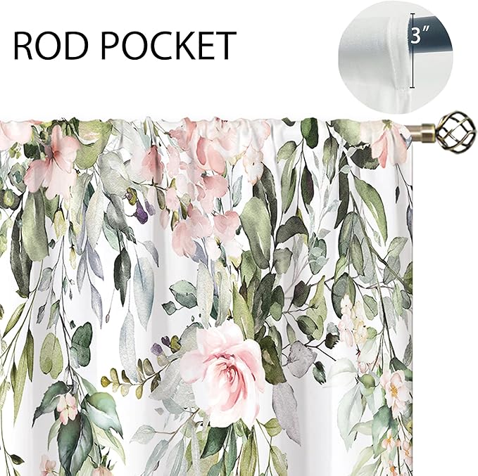 Pink Rose Wooden Eucalyptus Botanical Leaves Floral Kitchen Window Curtains Farmhouse Flower Leaf Small Treatment Sage Green Cafe Short Curtains for Bathroom Treatment Tier Drapes 26x45 inch