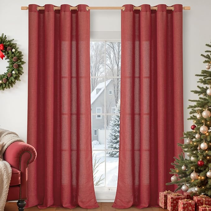 YoungsTex Burgundy Red Linen Curtains 90 Inch Length for Living Room, Light Filtering Drapes with Bronze Grommet Privacy for Dining Bedroom, 52 x 90 Inch, 2 Panels