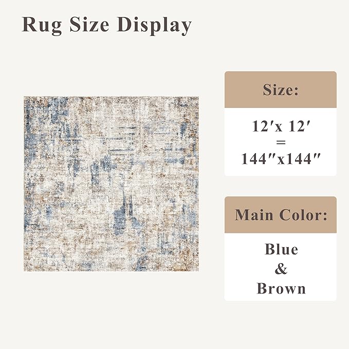 12x12ft Square Living Room Rug – Non-Slip Washable Extra Large Floor Carpet for Bedroom, Dining Room, Playroom Room – Modern Abstract Neutral Thin Low-Pile Big Indoor Rug (Blue Brown)